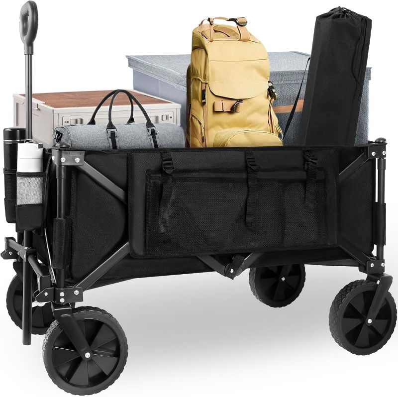 Photo 1 of Collapsible Folding Wagon Cart, Heavy Duty Utility Beach Wagon Cart with Wheels Foldable, 220LBS Large Capacity Foldable Grocery Wagon for Camping Garden Shopping Sports, Black/1 Year Warranty