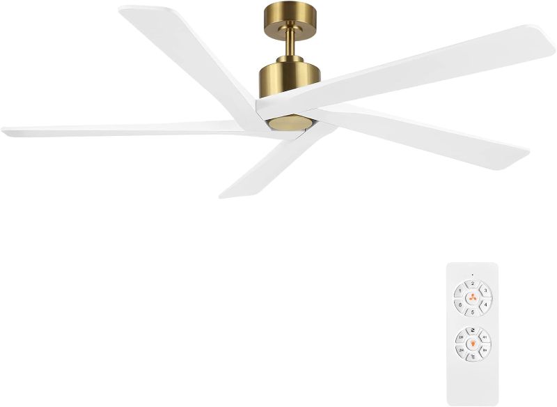 Photo 1 of WINGBO 54 Inch DC Ceiling Fan without Lights, 5 Reversible Carved Solid Wood Blades, 6-Speed Noiseless DC Motor, Ceiling Fan No Light with Remote, Brass Finish with White Blades