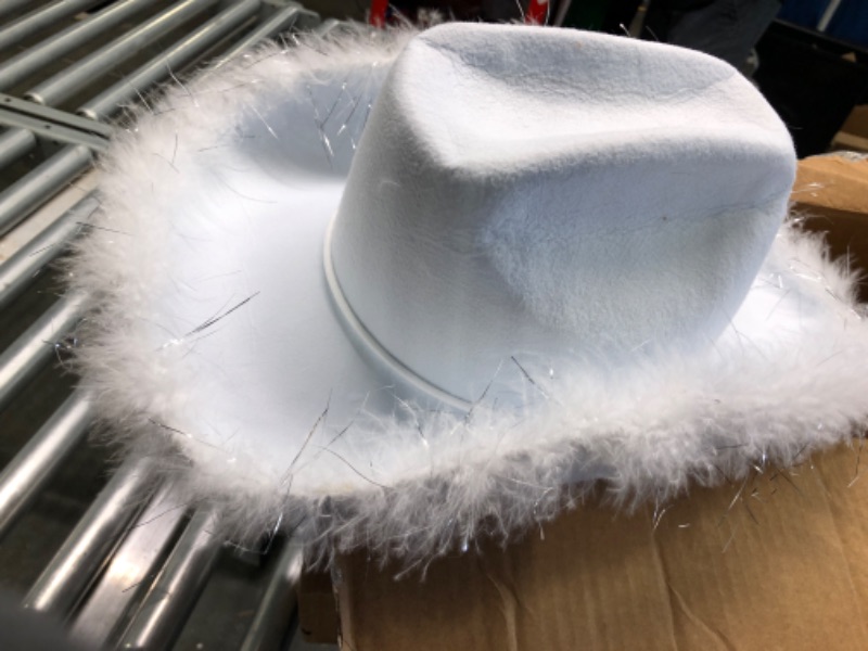 Photo 3 of Zodaca Womens Cowboy Hat - Cute, Fluffy, Sparkly Cowgirl Hat with Feathers for Halloween Costume, Dress Up Birthday, Bachelorette Party Accessories (White)
