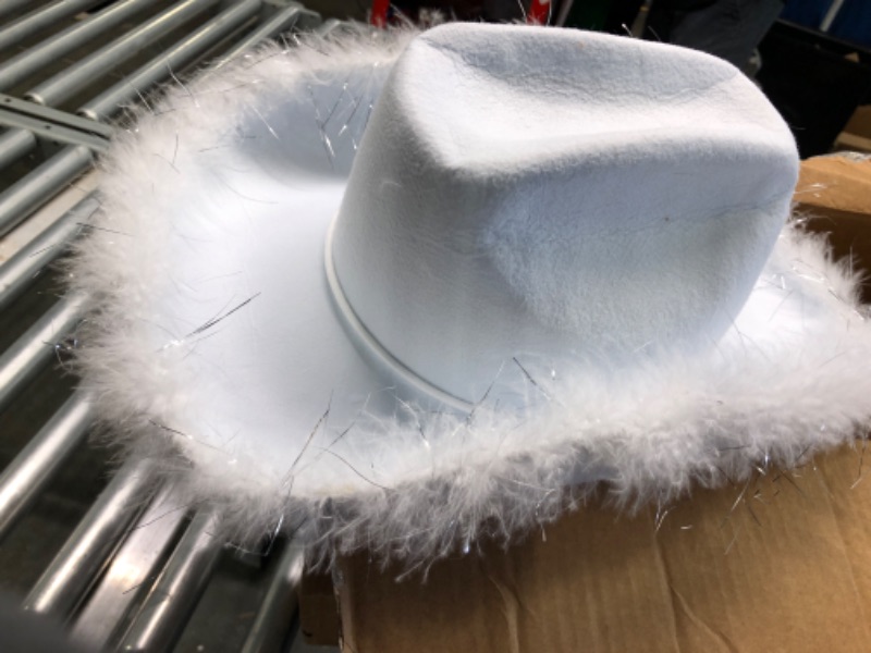 Photo 1 of Zodaca Womens Cowboy Hat - Cute, Fluffy, Sparkly Cowgirl Hat with Feathers for Halloween Costume, Dress Up Birthday, Bachelorette Party Accessories (White)
