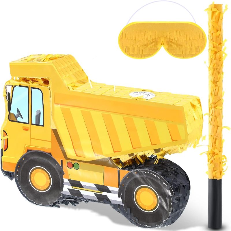 Photo 2 of Construction Dump Truck Pinata Construction Pinata with Blindfold and Bat Construction Party Supplies Tractor Excavator Pinatas for Boy Kids Construction Truck Birthday Decor (Dump Truck)