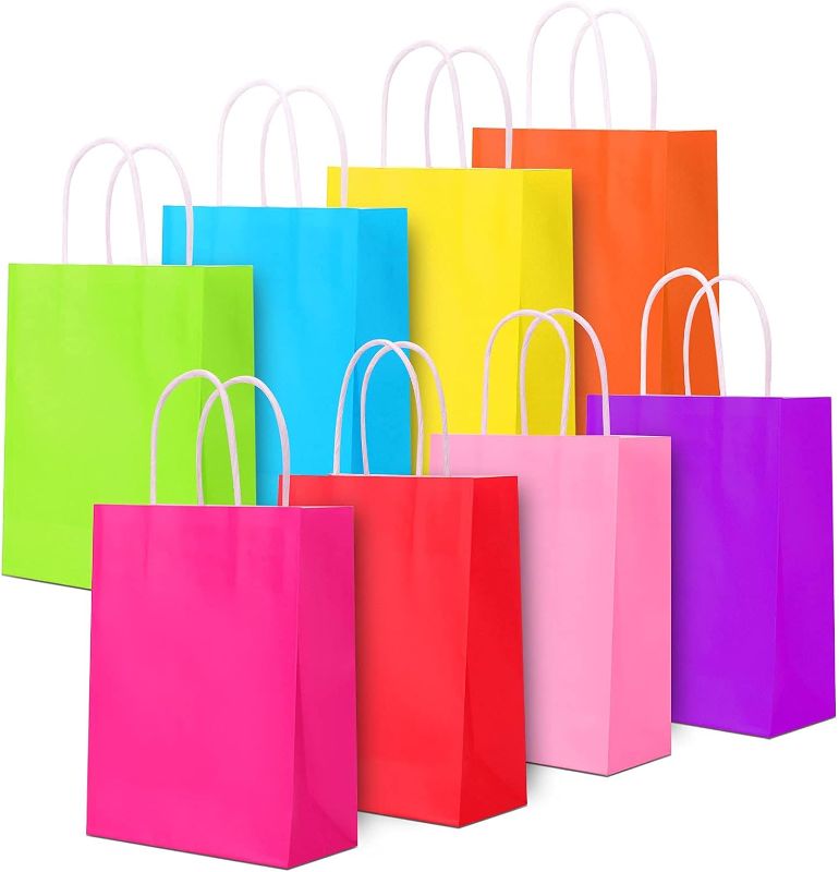 Photo 1 of 48 Pieces Gift Bags Bulk, 8 Colors Kraft Paper Party Favor Bags with Handle, Rainbow Goodie bags for Birthday, Gift, Wedding, Baby Shower, and Celebrations, Medium 8 * 4.75 * 10"
