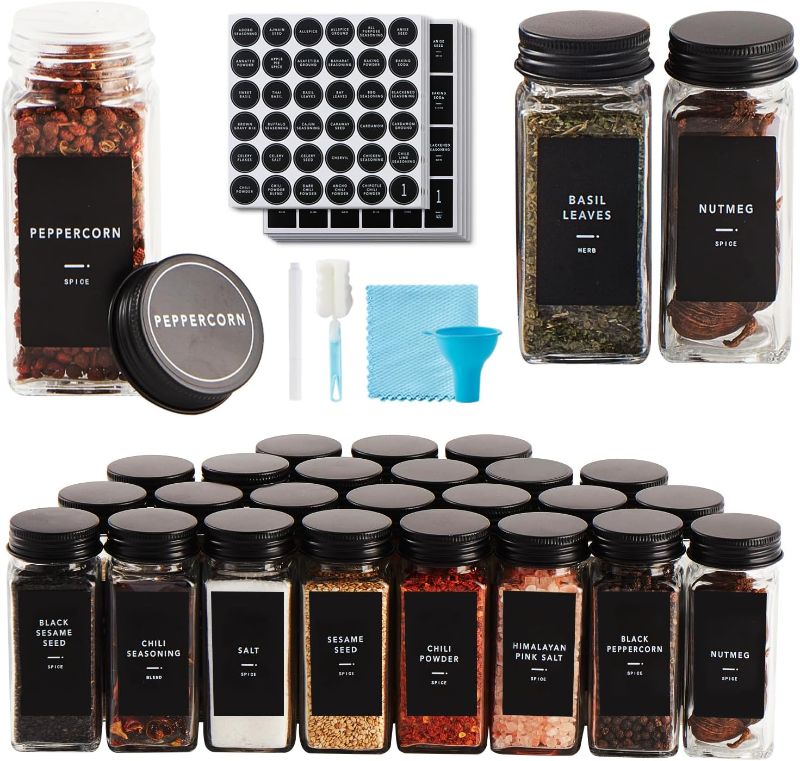 Photo 1 of 36 Pcs Spice Jars with Label- Glass Spice Jars with Black Metal Caps,Shaker Lids, Funnel, Chalk Pen, Brush,Cleaning Cloth 4oz Seasoning Containers Bottles for Spice Rack, Cabinet, Drawer