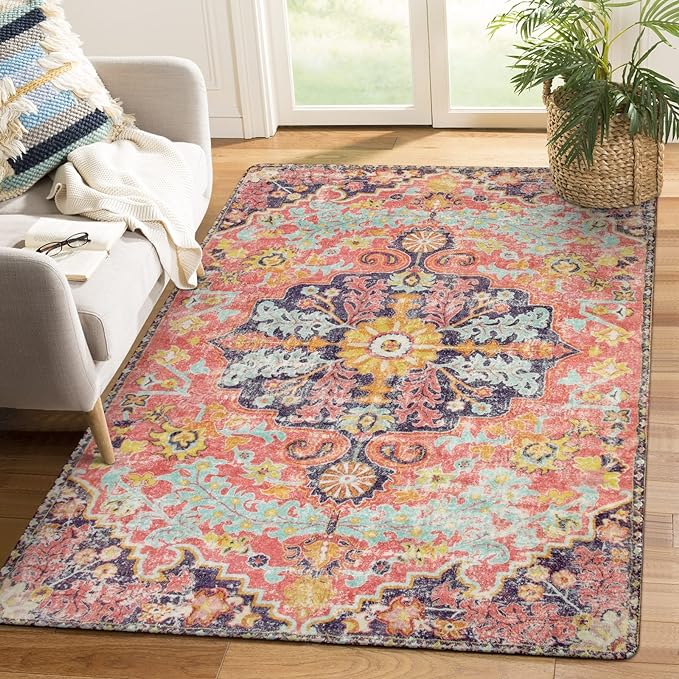 Photo 1 of **USED**Lahome Bohemian Floral Medallion Area Rug  Hot Pink Rug for Girls Room Front Entry Mat, Non-Slip Machine Washable Soft Throw Carpet for Bathroom Apartment Entrance Laundry, Fuchsia/Multi