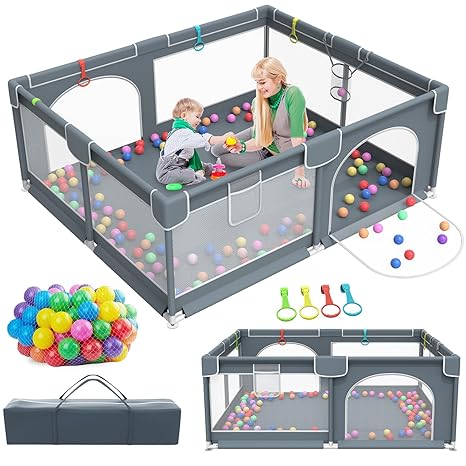 Photo 1 of **USED** Baby Playpen, 79" x 63" Extra Large Play Yard Playpen for Babies and Toddlers with 50 Ocean Balls, Indoor & Outdoor Safety Baby Activity Center with Breathable Mesh, Anti-Slip Suckers and Zipper Gate