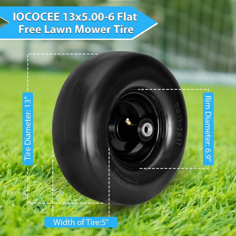 Photo 1 of Upgrade 13x5.00-6 Black No Flat Front Solid Tire Puncture Proof Assemblies, 13x5x6 Flat Free Lawn Mower Tire and Wheel with 1/2" Bore, 13x5.00-6 Tire for Commercial Grade Lawn, Garden Turf 13x5.00-6 Special Models