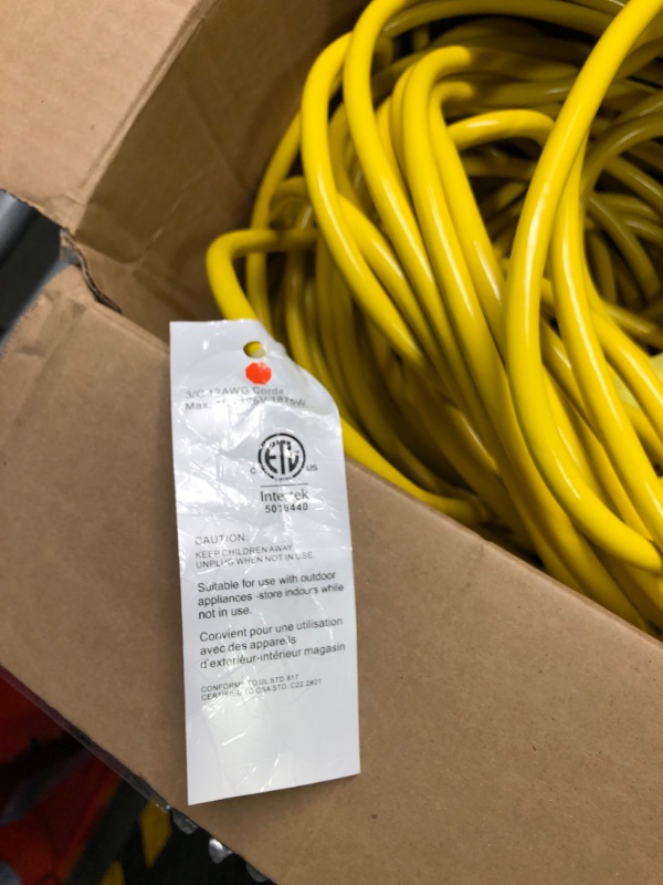 Photo 1 of 12/3 Gauge Heavy Duty Outdoor Extension Cord 100 ft Waterproof with Lighted end, Flexible Cold-Resistant 3 Prong Electric Cord Outside, 15Amp 1875W 12AWG SJTW, Yellow, ETL HUANCHAIN Yellow 100 foot