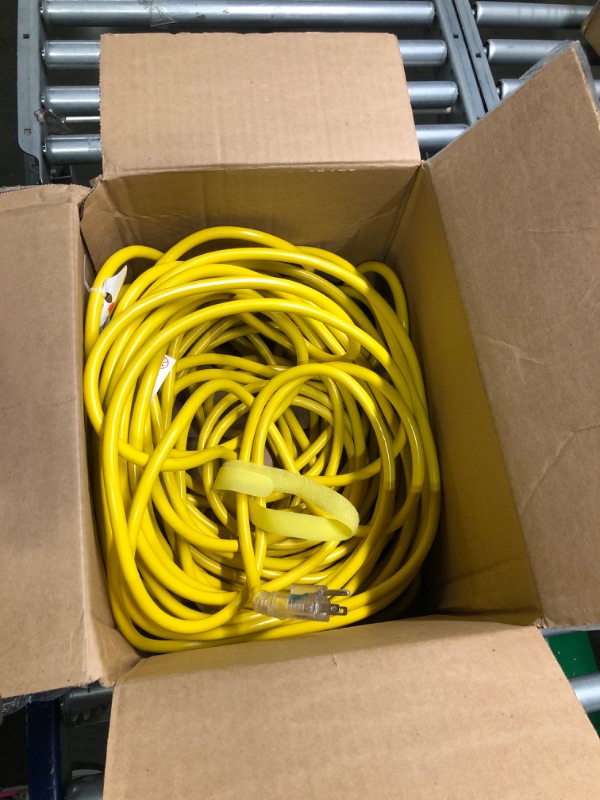 Photo 1 of 12/3 Gauge Heavy Duty Outdoor Extension Cord 100 ft Waterproof with Lighted end, Flexible Cold-Resistant 3 Prong Electric Cord Outside, 15Amp 1875W 12AWG SJTW, Yellow, ETL HUANCHAIN Yellow 100 foot