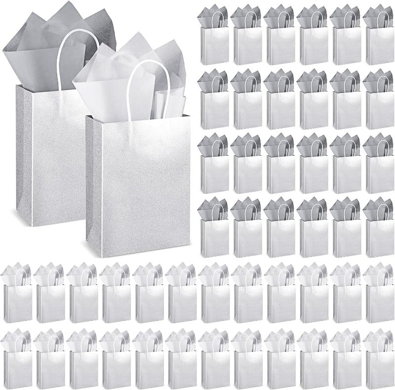 Photo 1 of 50 Pcs 8.2 x 5.9'' Glitter Kraft Paper Favor Bag Christmas Gift Bags with 100 Tissue Wrapping Paper Bulk, Xmas Gift Wrap Bags with Handle for Wedding Bridal Baby Shower Birthday (Silver)
