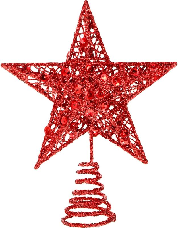 Photo 1 of 6 Inches Star Tree Topper Exquisite Shimmery Christmas Tree Topper for Christmas Tree Decoration (Red)
