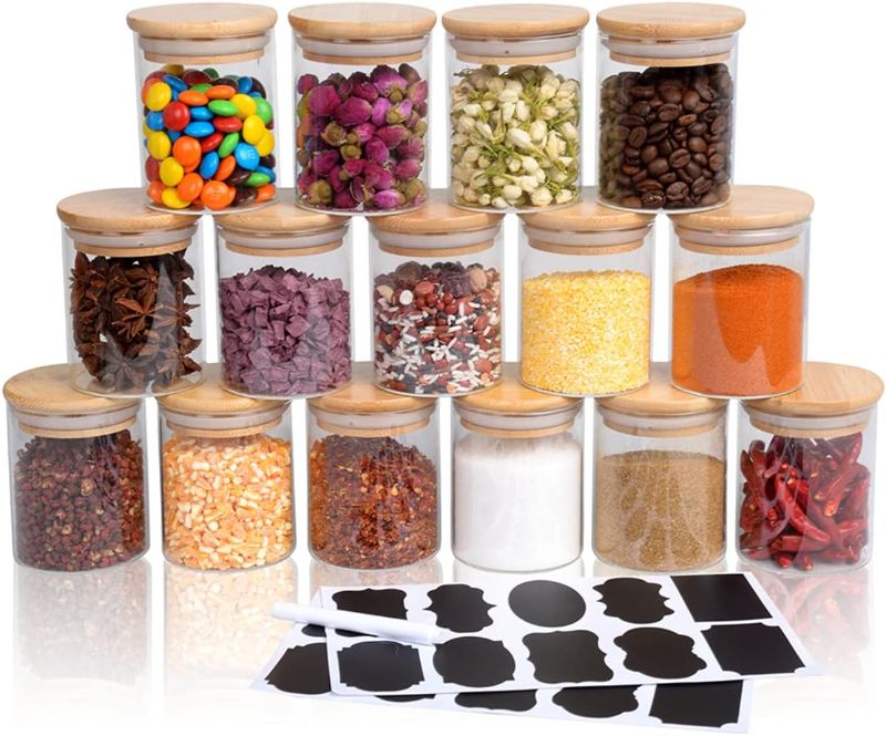 Photo 2 of 15 Piece Glass Storage Jars Set with Airtight Bamboo Lids and Labels,6oz Glass Spice Jar Mini Food Storage Containers for Home Kitchen,Pantry,Tea,Sugar,Salt,Coffee,Flour,Herbs,Grains