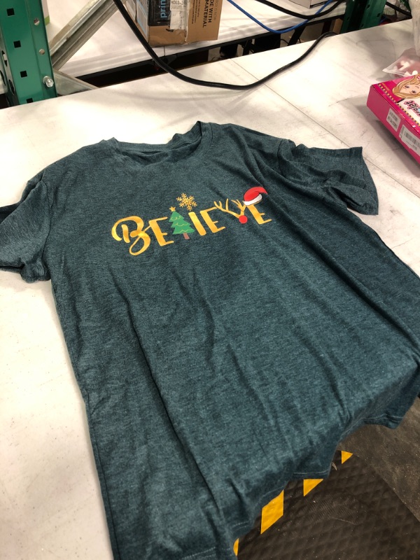 Photo 3 of Christmas Believe Tree Shirt Cute Short Sleeve Christmas Graphic Tee Shirts Tops for Women Christmas Shirts Large Green-golden