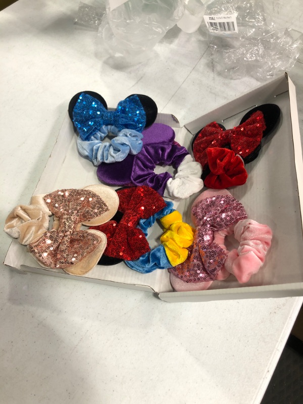 Photo 1 of 6 Pack Mouse Ears Scrunchies Velvet Sparkle Sequin Bows Hair Scrunchies Hair Ties Elastic Rubber Bands Ponytail Holders for Kids Women Girls Adult Christmas Party Decoration ?Blue&Red&Purple? style2