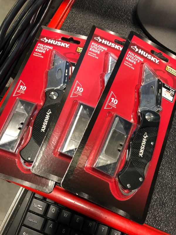 Photo 1 of Husky Folding Lock-Back Utility Knife (3-Pack)