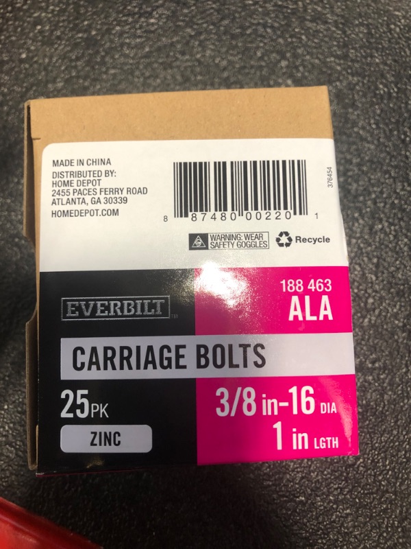 Photo 1 of 3/8 in.-16 x 1 in. Zinc Plated Carriage Bolt (25-Pack)