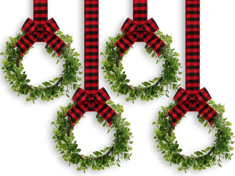 Photo 1 of 4 Pieces Faux Kitchen Cabinet Wreaths Boxwood Wreaths with Ribbon Artificial Green Leaves Wreaths Decorative Hanging Wreaths for Cabinet Wall Window Front Door Decors (Black and Red, Fabric)
