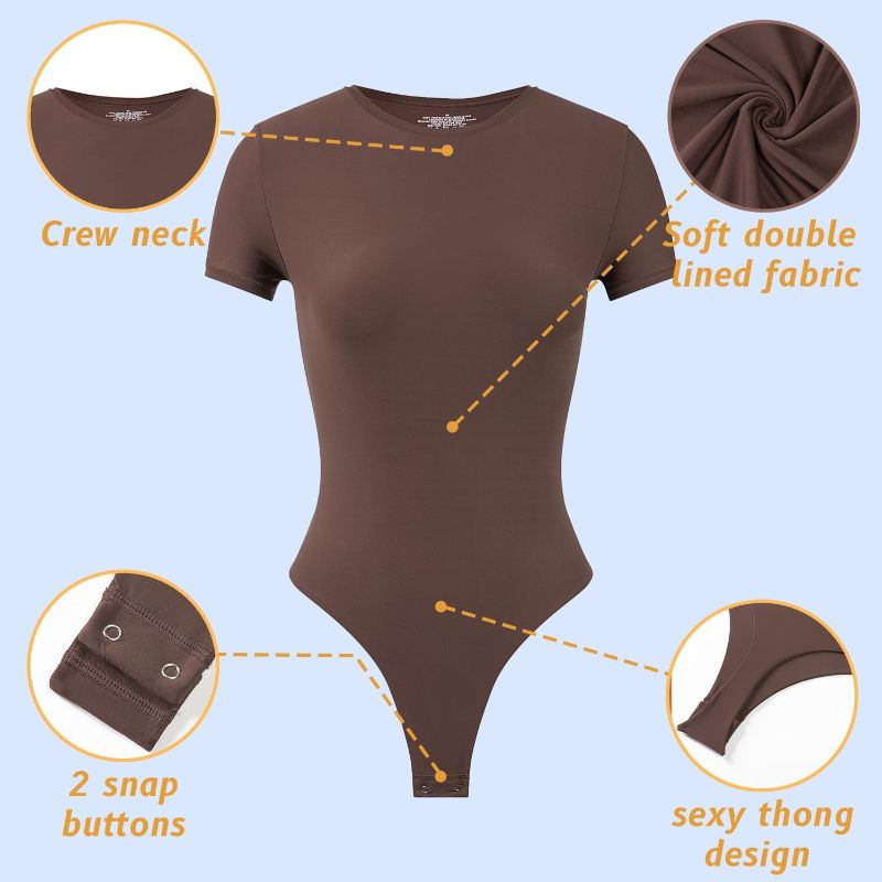 Photo 1 of GreatStyler Women's Brown Bodysuit Long Sleeve Short Sleeve T-Shirt Body Suit Thong Basic Bodysuits Double Lined