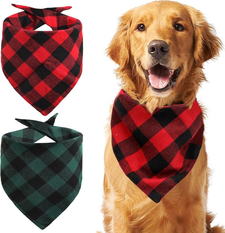 Photo 1 of 2 Pack Dog Bandana Christmas Pet Triangle Classic Plaid Scarves Thanksgiving Dog Scarfs for Small Medium Large Dogs Adjustable Dogs Bibs Scarfs for Girl and Boy(Large, Green Grid and Red Grid)
