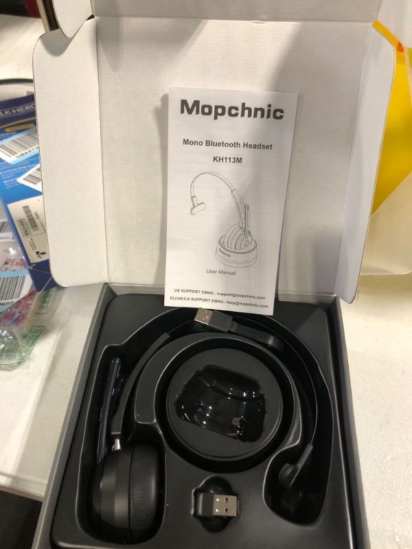 Photo 2 of **missing base** Mopchnic Bluetooth Headset, Wireless Headset with Upgraded Microphone AI Noise Canceling, On Ear Bluetooth Headset with USB Dongle for Office Call Center Skype Zoom Meeting Online Class Trucker