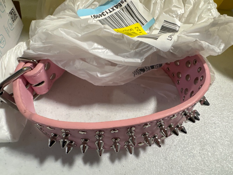 Photo 3 of Epesiri Adjustable Wide Spiked Dog Collar, Mushroom Rivet PU Leather Cat Dog Collars, Durable Spike Studded Pet Collar for Small Medium Large Breed, PitBull Mastiff Bulldog Pugs Husky Rottweiler, Pink Pink Medium 18"-21"