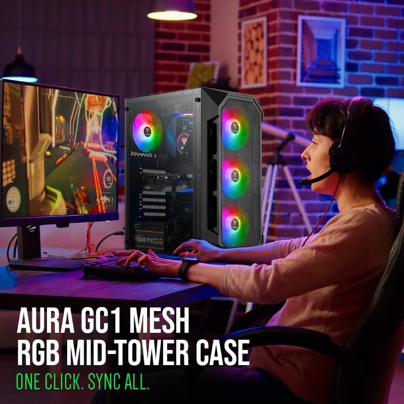 Photo 1 of Aura GC1 Mid Tower Gaming Computer PC Case with Side Tempered Glass, 4X 120mm ARGB Case Fans and Sync with 5V RGB Motherboard