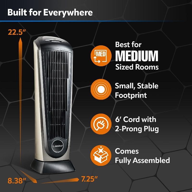 Photo 1 of **USED** Lasko Oscillating Ceramic Tower Space Heater for Home with Adjustable Thermostat, Timer and Remote Control, 22.5 Inches, Grey/Black, 1500W,