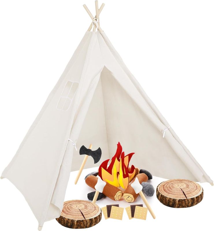 Photo 1 of 24 Pcs Pretend Camping Play Set with Teepee Tent Fake Campfire Felt Toys Wood Style Throw Pillow Cushion for Boys Girls Adults Dramatic Play Home Decorations