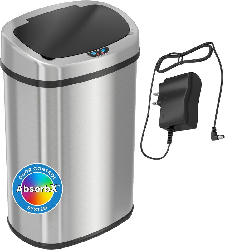 Photo 1 of **FOR PARTS** 13 Gallon Battery-Free Automatic Sensor Kitchen Trash Can with Odor Control System and AC Power Adapter, Touchless Stainless Steel Garbage Bin, Black
