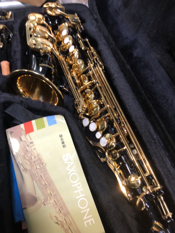 Photo 5 of Aisiweier Black/gold keys E Flat Alto Saxophone Brass Engraved Eb E-Flat Natural White Shell Button Wind Instrument with Case Belt Brush (Black/gold keys)