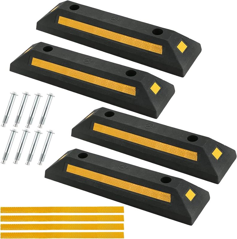 Photo 1 of ATPEAM 4 Pack Rubber Curb Vehicle Floor Stopper Heavy Duty Black Parking Blocks Wheel Stop Stoppers with Yellow Reflective Stripes for Car, Truck, RV, Trailer, and Garage