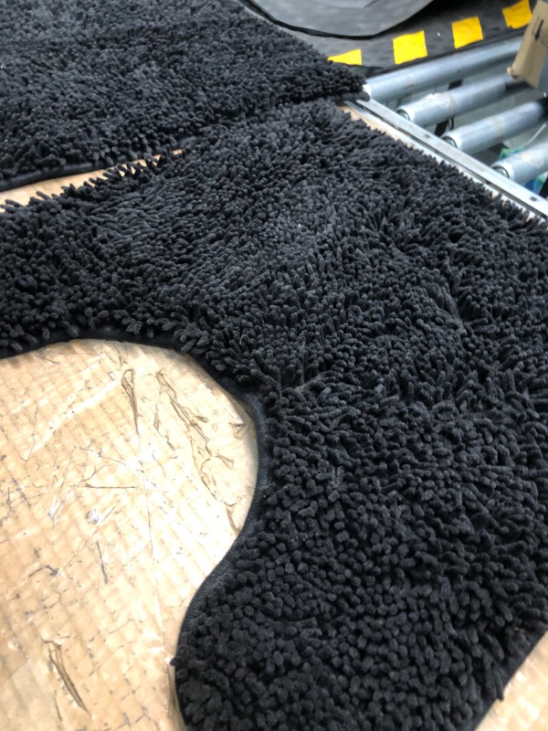 Photo 4 of 2pc Non-Slip Shaggy Chenille Bathroom Mat Set, Includes 20 x 20 Inches Toilet Contour Rug and 32 x 20 Inches Bathmat, Water Absorbent Carpet, Black Black 20'' x 20''U and 32'' x 20''
