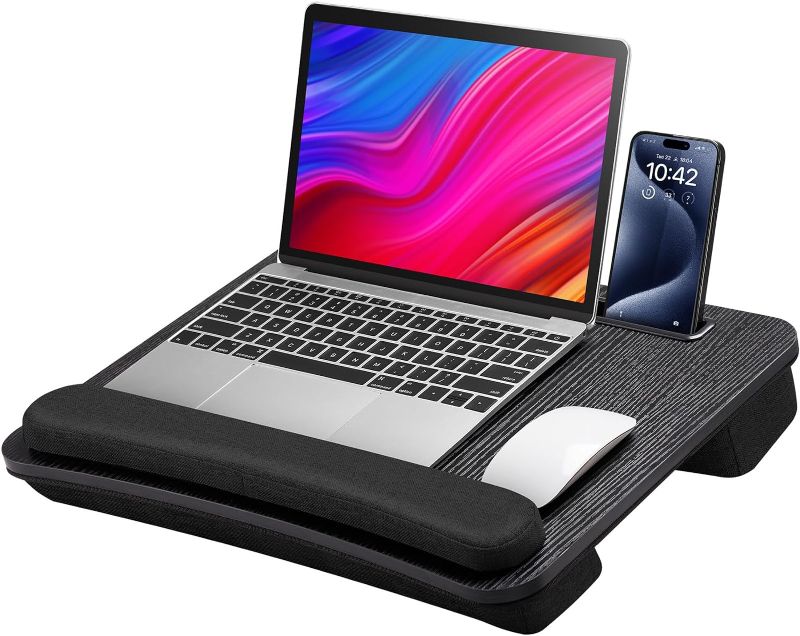 Photo 1 of JRTSJ Lap Desk for Laptop with Extra Storage Pocket, Lap Desk with Cushion & Phone Holder for Home Office School, Portable Laptop Lap Desk Fits up to 15.6 Inch Laptops with Anti-Slip Strip & Wrist Rest Black