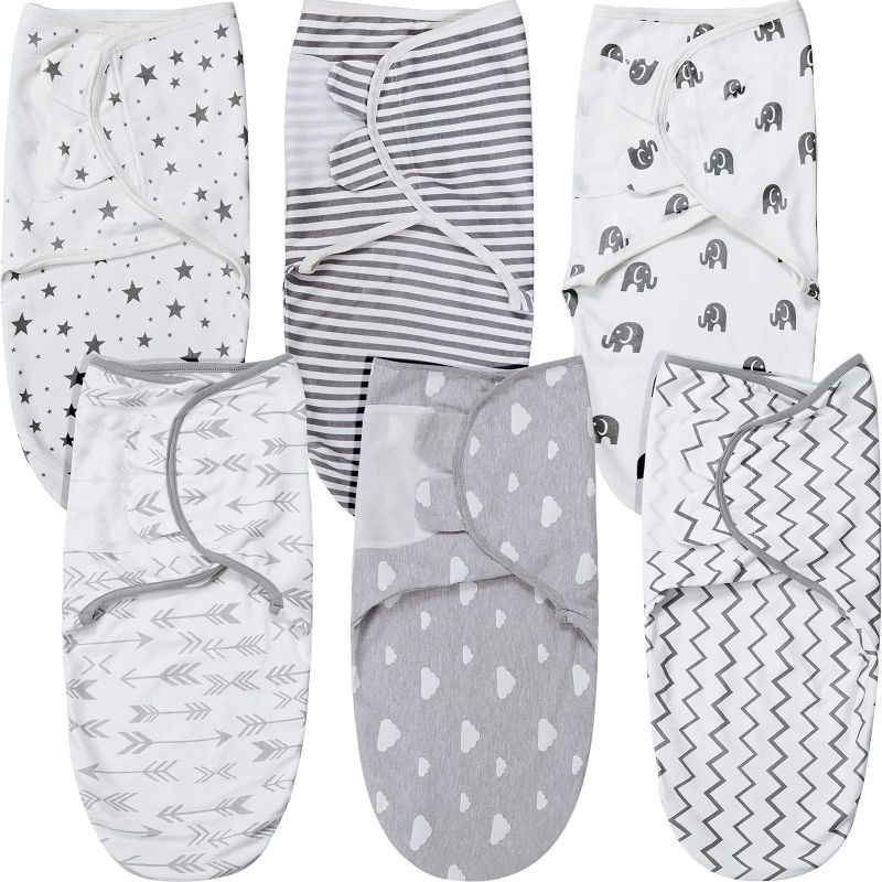 Photo 1 of Chumia 6 Pcs Baby Swaddle Blanket Adjustable Infant Sleep Wrap Gray Newborn Swaddle Elephant Stripe Star Cloud Baby Swaddle Wrap for Boys Girls Sleep, 0-3 Month