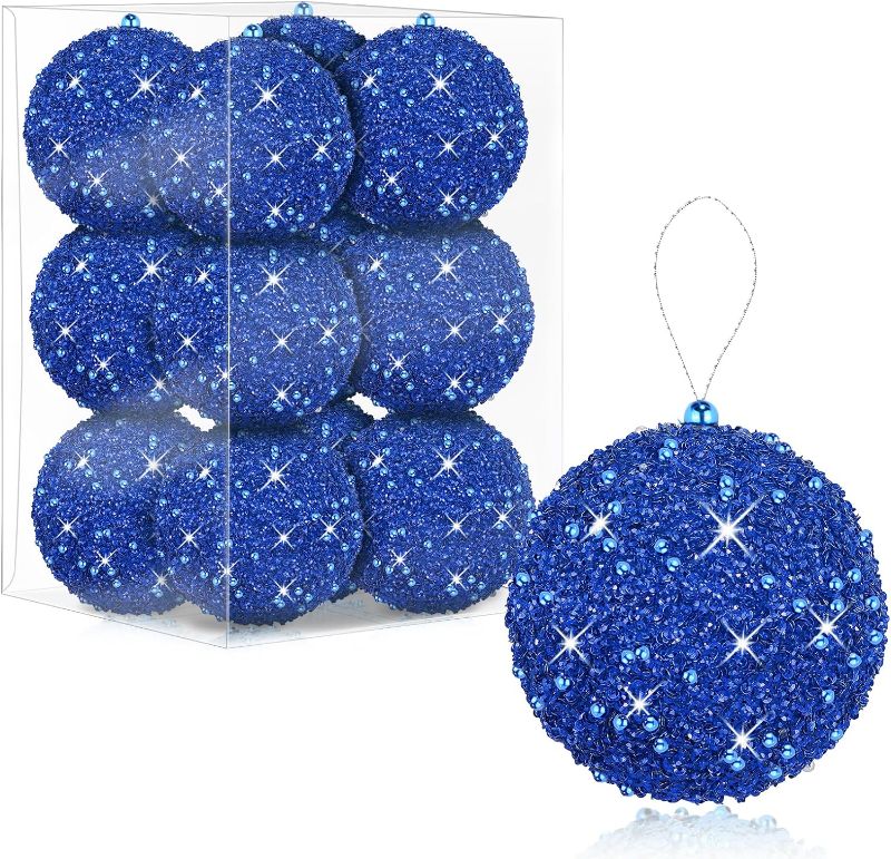 Photo 1 of 12 Pcs 4 Inch Large Christmas Balls Blue Christmas Ball Ornaments Shatterproof Christmas Decorations Tree Balls for Xmas Trees Wedding Party Holiday Decorations Tabletop Small Trees Decoration