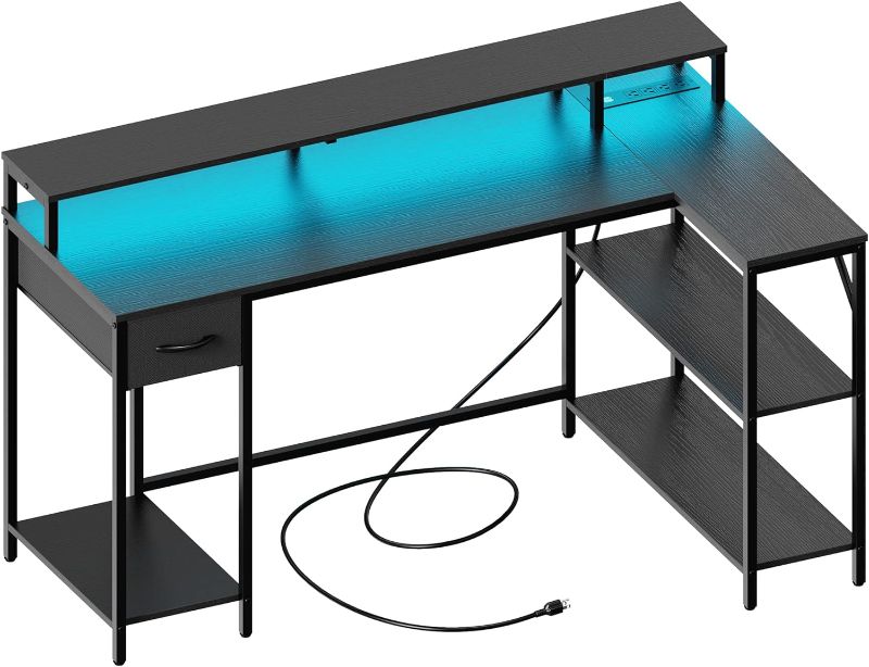 Photo 1 of SUPERJARE 53 Inch L Shaped Desk with LED Lights & Power Outlets, Reversible Computer Desk with Shelves & Drawer, Corner Desk Home Office Desk, Black
