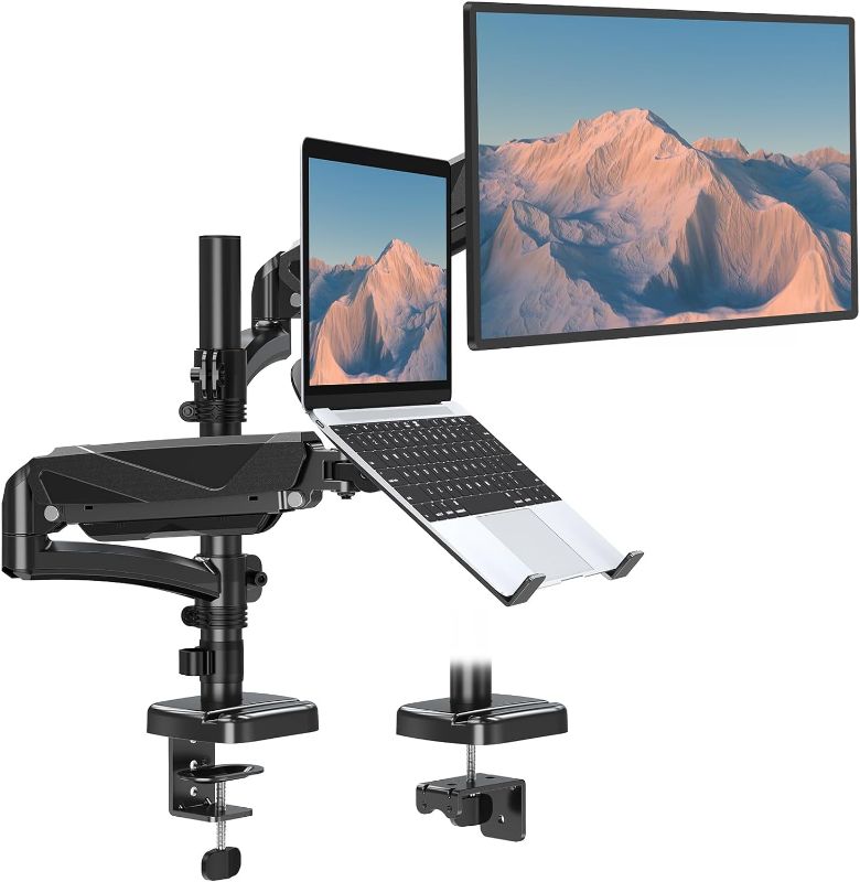 Photo 1 of MOUNT PRO Monitor and Laptop Mount Fits Max 17" Laptop and 32" Computer Screens, Dual Laptop and Monitor Stand, Each Arm Holds up to 17.6lbs, Laptop Monitor Mount with Tilt/Swivel/Rotation Adjustable
