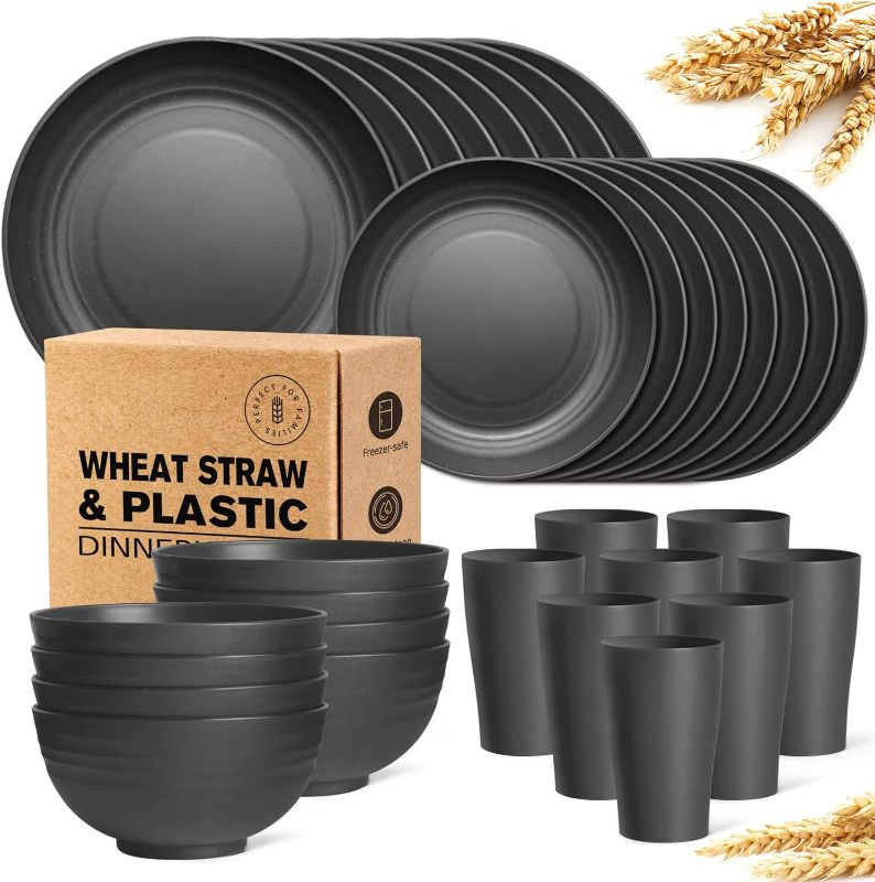 Photo 1 of Teivio 32-Piece Kitchen Plastic Wheat Straw Dinnerware Set, Service for 8, Dinner Plates, Dessert Plate, Cereal Bowls, Cups, Unbreakable Plastic Outdoor Camping Dishes, Black
