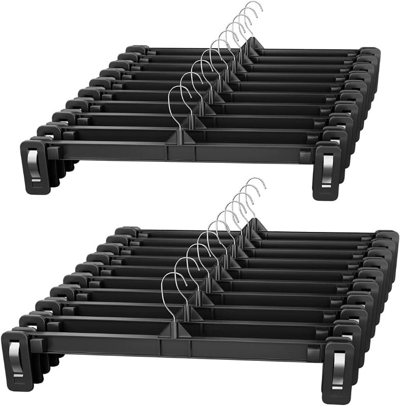 Photo 1 of 30-Pack 12-Inch Black Plastic Skirt Hangers with Non-Slip Clips and 360° Hooks - Durable, Sturdy, and Economical for Hanging Skirts or Pants
