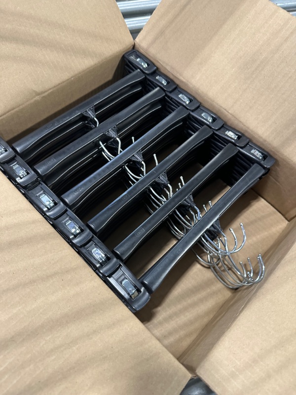 Photo 3 of 30-Pack 12-Inch Black Plastic Skirt Hangers with Non-Slip Clips and 360° Hooks - Durable, Sturdy, and Economical for Hanging Skirts or Pants
