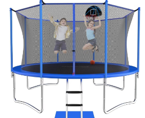 Photo 1 of 5FT 10FT 12FT 14FT 15FT 16 FT Recreational Trampoline for Kids and Adults with Basketball Hoop - ACWARM HOME Outdoor Back Yard Trampoline with Safety Enclosure Net, Heavy Duty Stakes and Ladder Blue 10FT