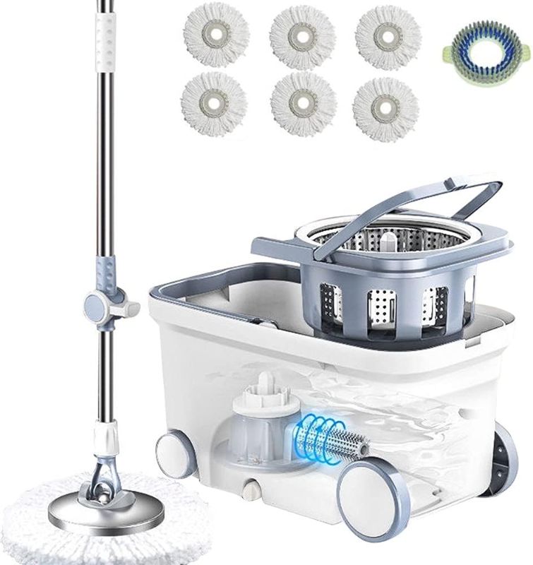 Photo 1 of ** Missing mop stick handle ** Michao Spin Mop Bucket Deluxe 360 Spinning Floor Cleaning System with 6 Microfiber Replacement Head Refills,62" Extended Handle,4X Wheel for Home Cleaning *missing handle**
