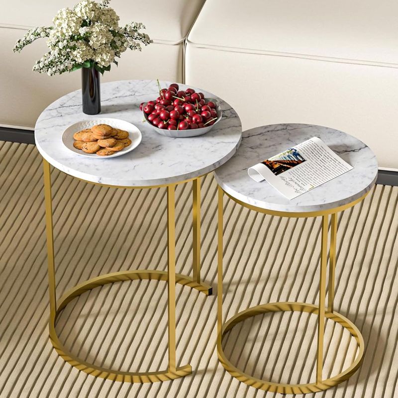 Photo 1 of Cavoba Nesting Round Coffee Table Set of 2, Stacking Side Tables Marble Pattern Wooden Tabletop with Golden Metal Frame for Small Spaces, End Tables Set of 2 19.7"
