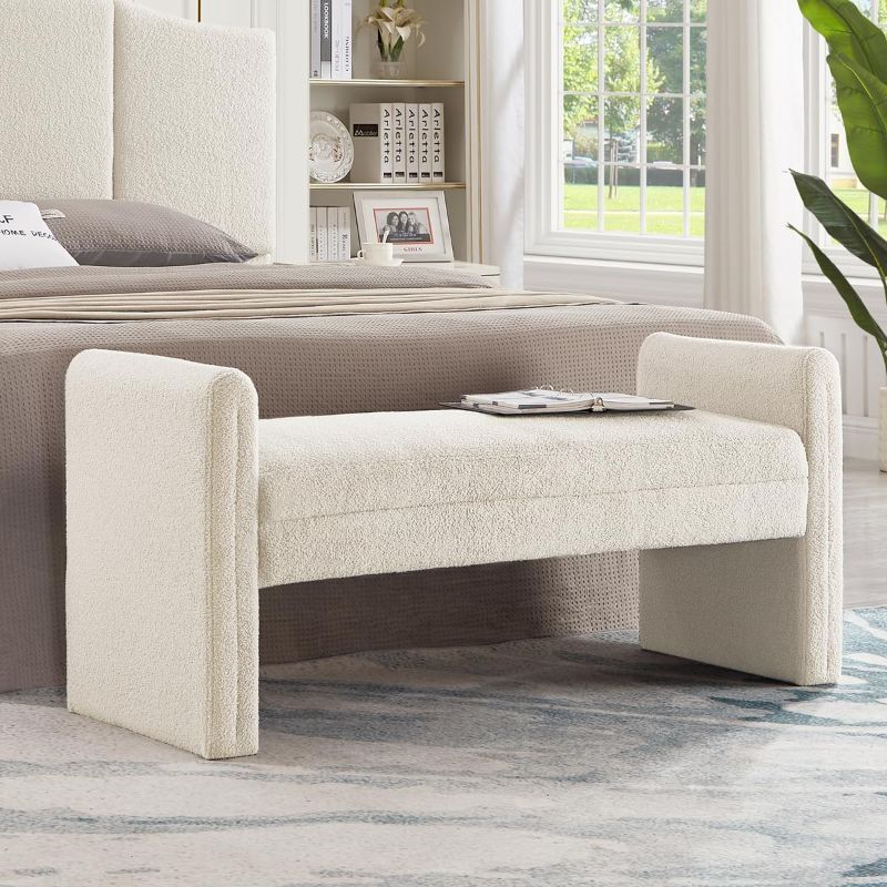 Photo 1 of 24KF Modern Boucle Teddy Lovely Bench, Upholstered Bed Bench Entryway Bench Ottoman with Armrest -Cream
*no hardware*