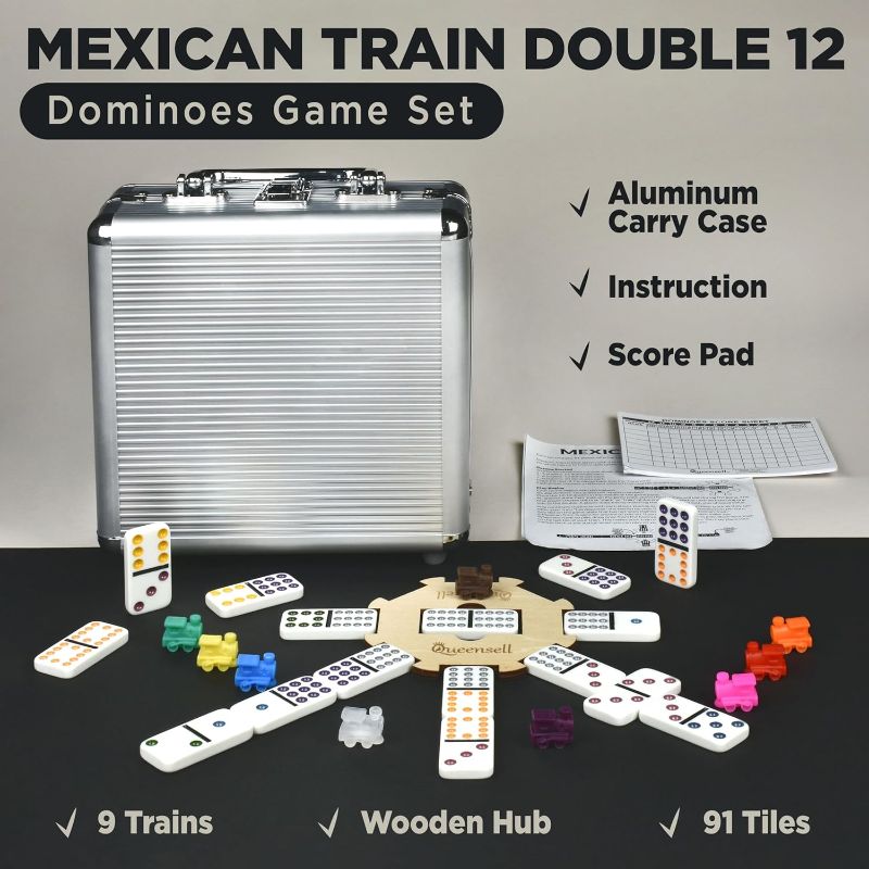 Photo 1 of 
Queensell Mexican Train Dominoes Set with Wooden Hub, Domino Tile Board Games - Double 12 Dominos Set for Family Game Night for Adults and Kids Ages 8 and...