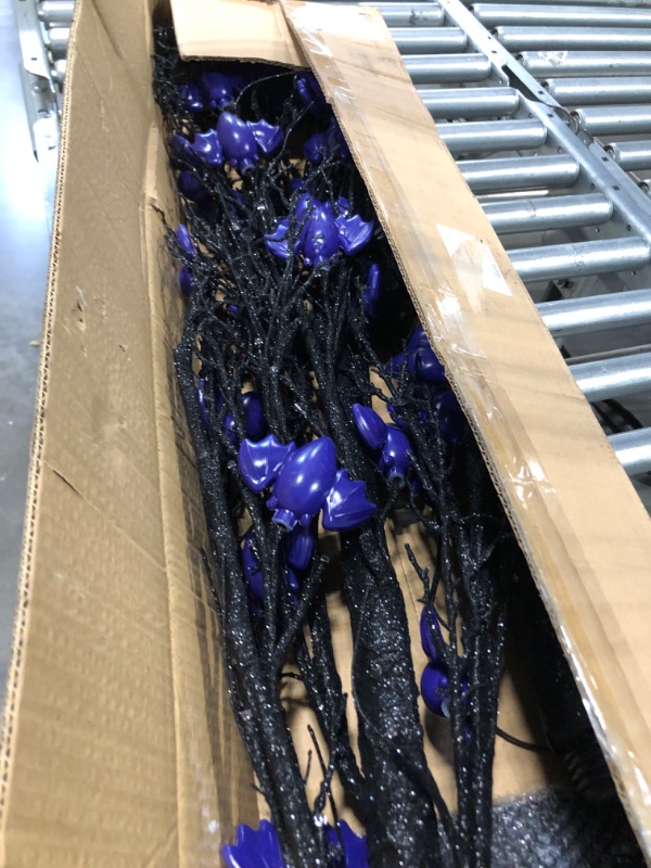 Photo 1 of [Timer] 6 Ft Tall Halloween Tree Decorations Black Spooky Tree with 96 LED Purple Lightes and 24 DIY Bats Ornaments Artificial Tree Halloween Decor for Outdoor Indoor Home(4 Ground Stake/Adapter)