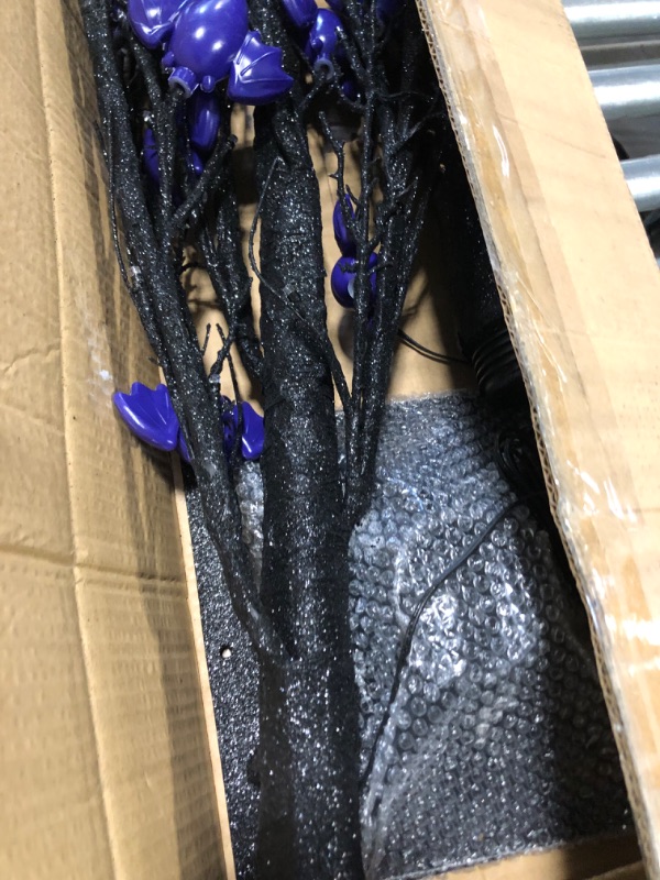 Photo 1 of [Timer] 6 Ft Tall Halloween Tree Decorations Black Spooky Tree with 96 LED Purple Lightes and 24 DIY Bats Ornaments Artificial Tree Halloween Decor for Outdoor Indoor Home(4 Ground Stake/Adapter)