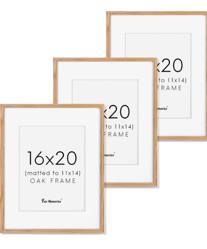 Photo 1 of 16x20 Picture Frame for Wall, Solid Oak Wood 16x20 Frame Matted to 11x14, 16"x20" Poster Frames with Real Glass, Natural Wood 20 x 16 Frames Art Frames for Wall Decor, 3 Pack