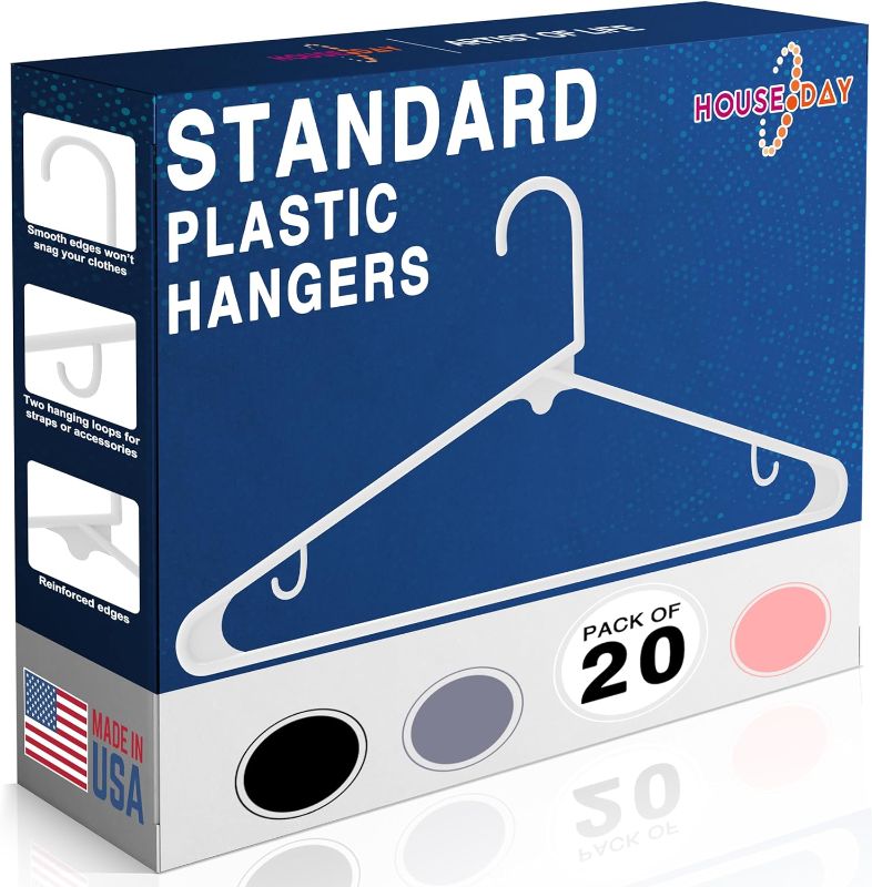 Photo 1 of HOUSE DAY Plastic Hangers 20 Pack Durable & Space Saving Clothes Hangers Lightweight Plastic Hangers with Non-Slip Hook Standard Closet Hangers for Clothing, Coats, Shirts, Pants, Dresses - White