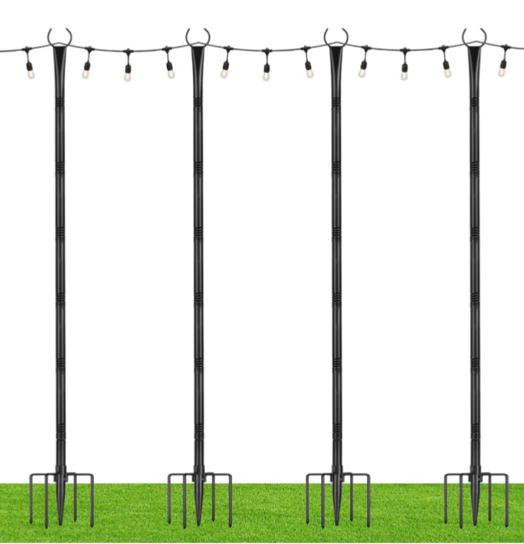 Photo 1 of **USED Only 2 Strings** Suchtale String Light Poles with Hooks, 4 Pack 8.5FT Metal Light Pole for Outdoor String Lights with 5-Prong Fork for Garden, Patio, Wedding Party, Outdoor Light Stand Holder for Christmas Deck, Black
