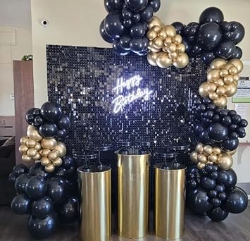 Photo 1 of  BLACK Shimmer Wall Backdrop Panel - Birthday, Anniversary , Wedding Decorations , Engagement & Bridal Shower Party Decor | Glitter Bling Photo Backdrops Sheets ?30 pcs (5×6 FT? 30 pcs -BLACK  (5×6 FT)